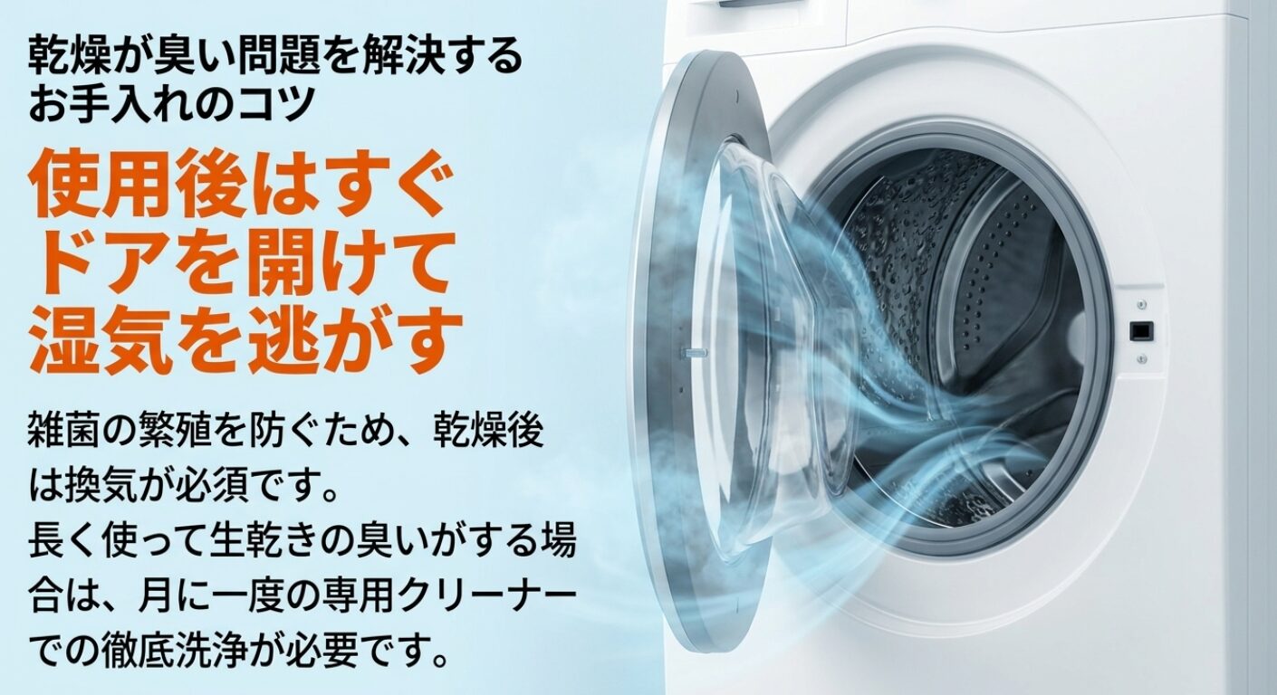 使用後にドアを開けて湿気を逃がす重要性と、月1回の専用クリーナーによる洗浄を推奨する解説画像。