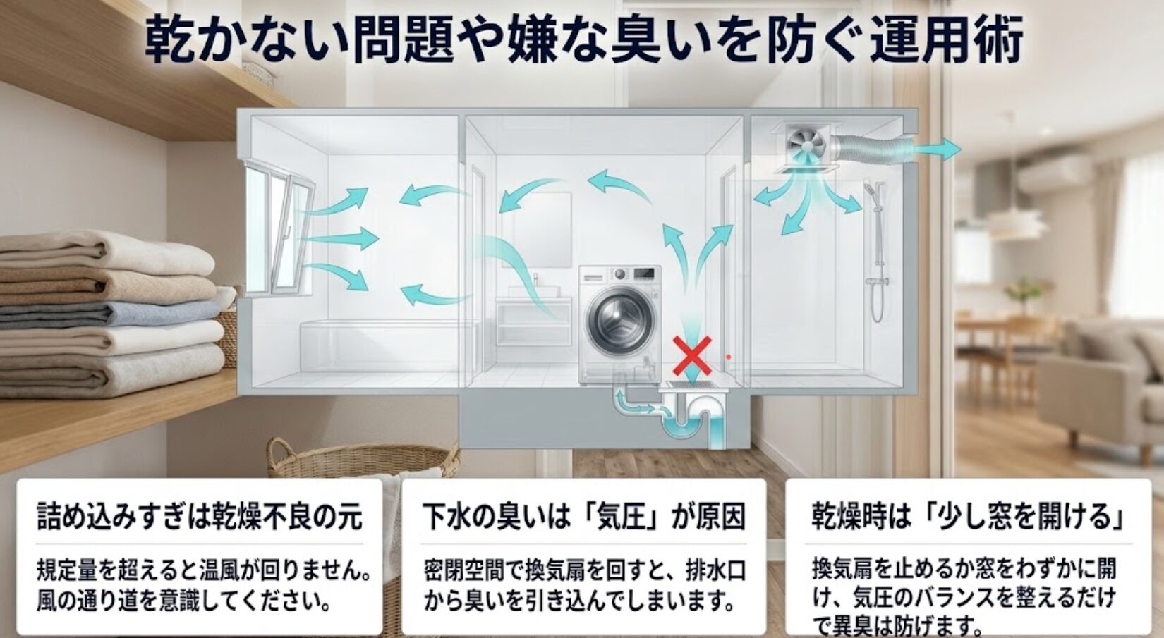 衣類の詰め込みすぎ防止と、乾燥時の換気・気圧調整による臭い対策を図解した運用術スライド。