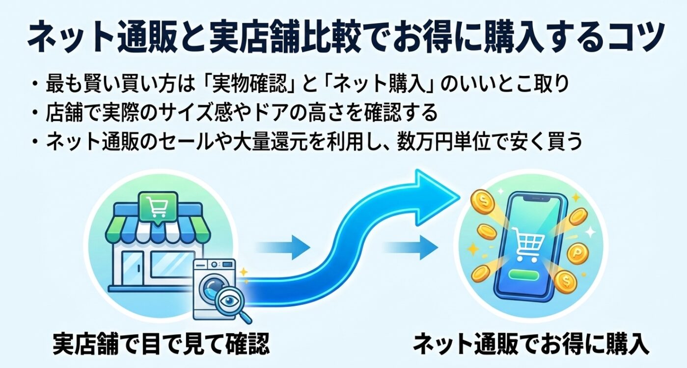 実店舗で実際のサイズ感やドアの高さを目で見て確認することと、ネット通販のセールや大量還元を利用して数万円単位でお得に購入することのいいとこ取りを推奨する図。