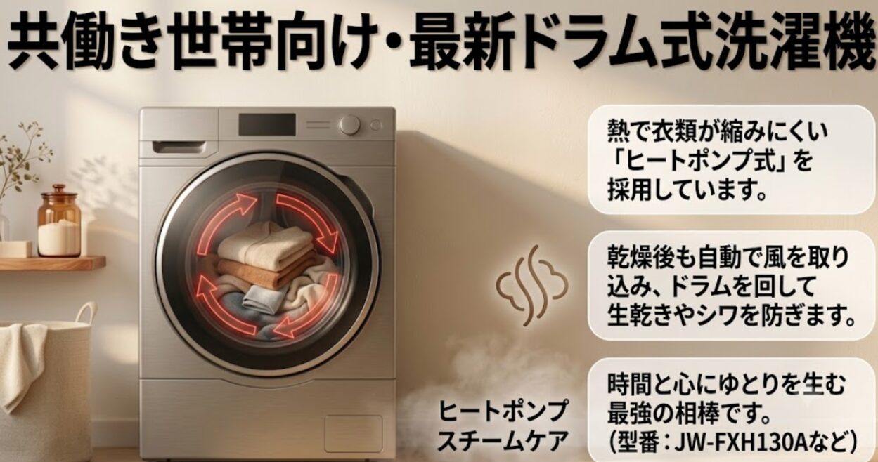 ヒートポンプ式を採用し、乾燥後も自動でドラムを回してシワを防ぐ共働き世帯向けの最新ドラム式洗濯機のイラスト 。