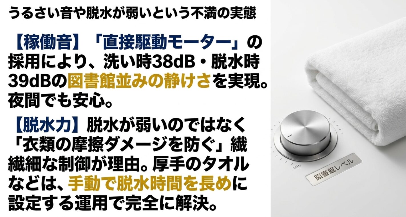 直接駆動モーターによる静音性と、衣類を守るための脱水制御の仕組みを解説したスライド資料です。