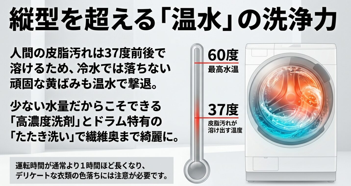 37度以上で皮脂が溶ける仕組みと、高濃度洗剤によるたたき洗いのメリットを図解しています。