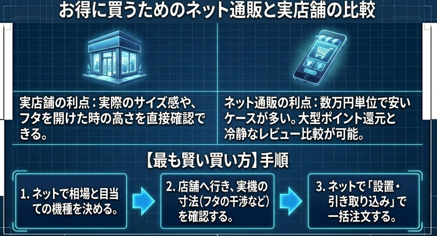 洗濯機を最も安く、確実に購入するための3ステップ。ネットで相場を調べ、店舗で実機の寸法やフタの干渉を確認した後、ネットで設置込みの注文を行う流れをまとめています 。