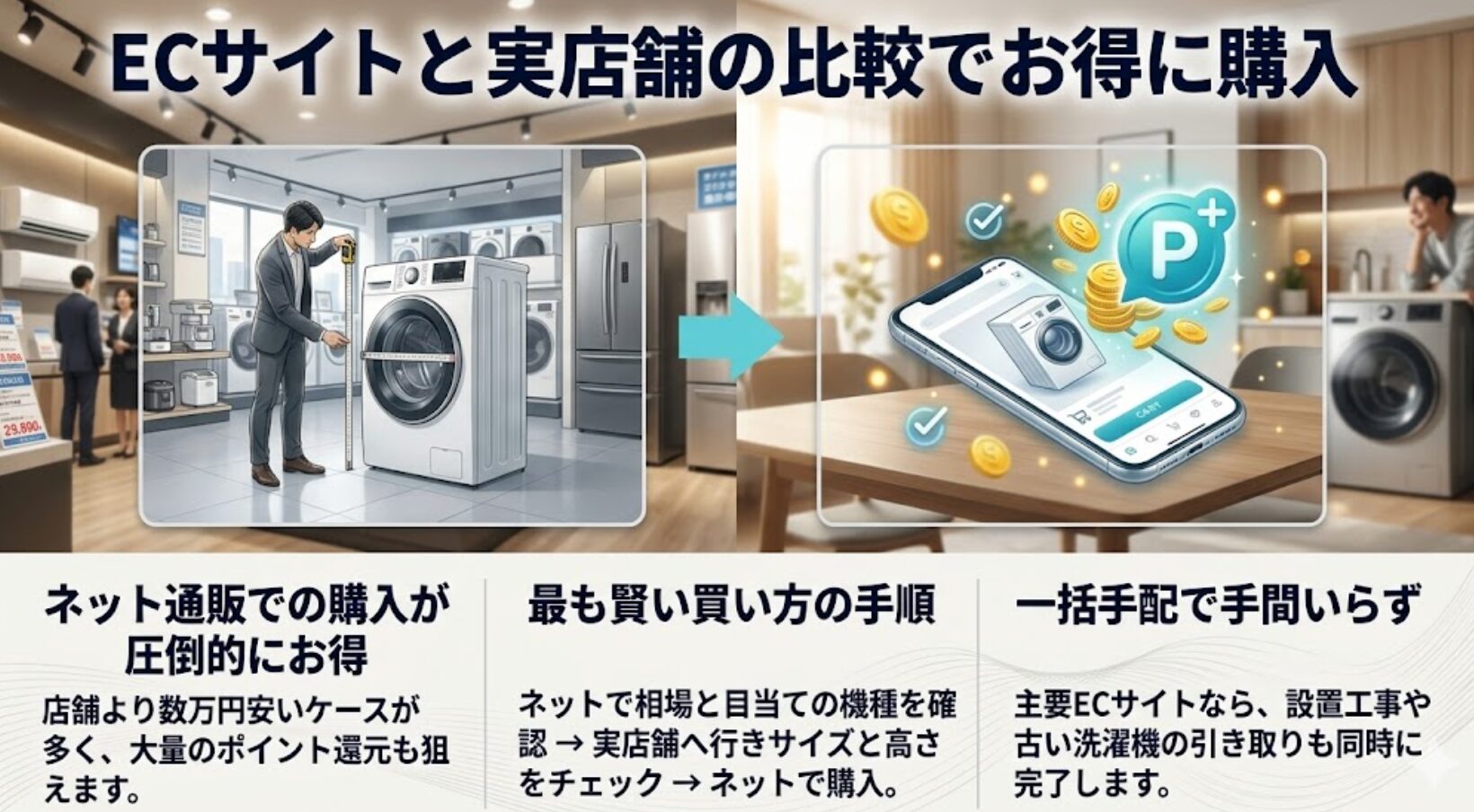 実店舗でのサイズ確認とネット通販のポイント還元を組み合わせた、最も賢い購入手順を解説したスライド。