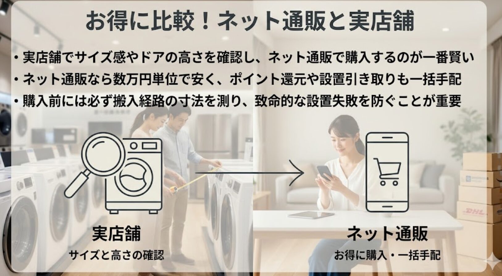 実店舗でサイズや高さを確認し、ネット通販でお得に購入・一括手配する効率的な購入フローの解説。