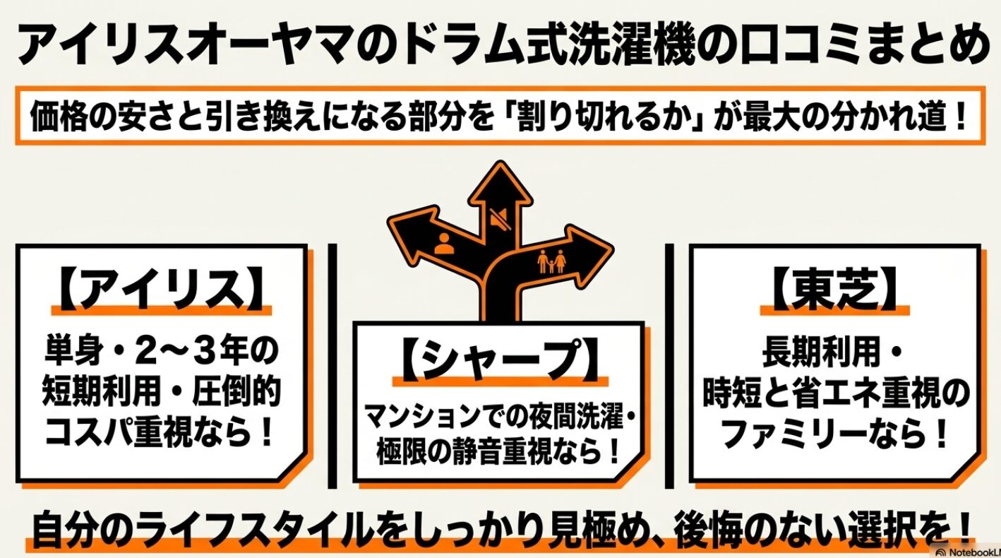 記事の結論として、各メーカーのモデルがどのようなニーズに適しているかを整理したスライド。自分の生活スタイルに合わせて割り切るべきポイントと選ぶべき機種をまとめています。