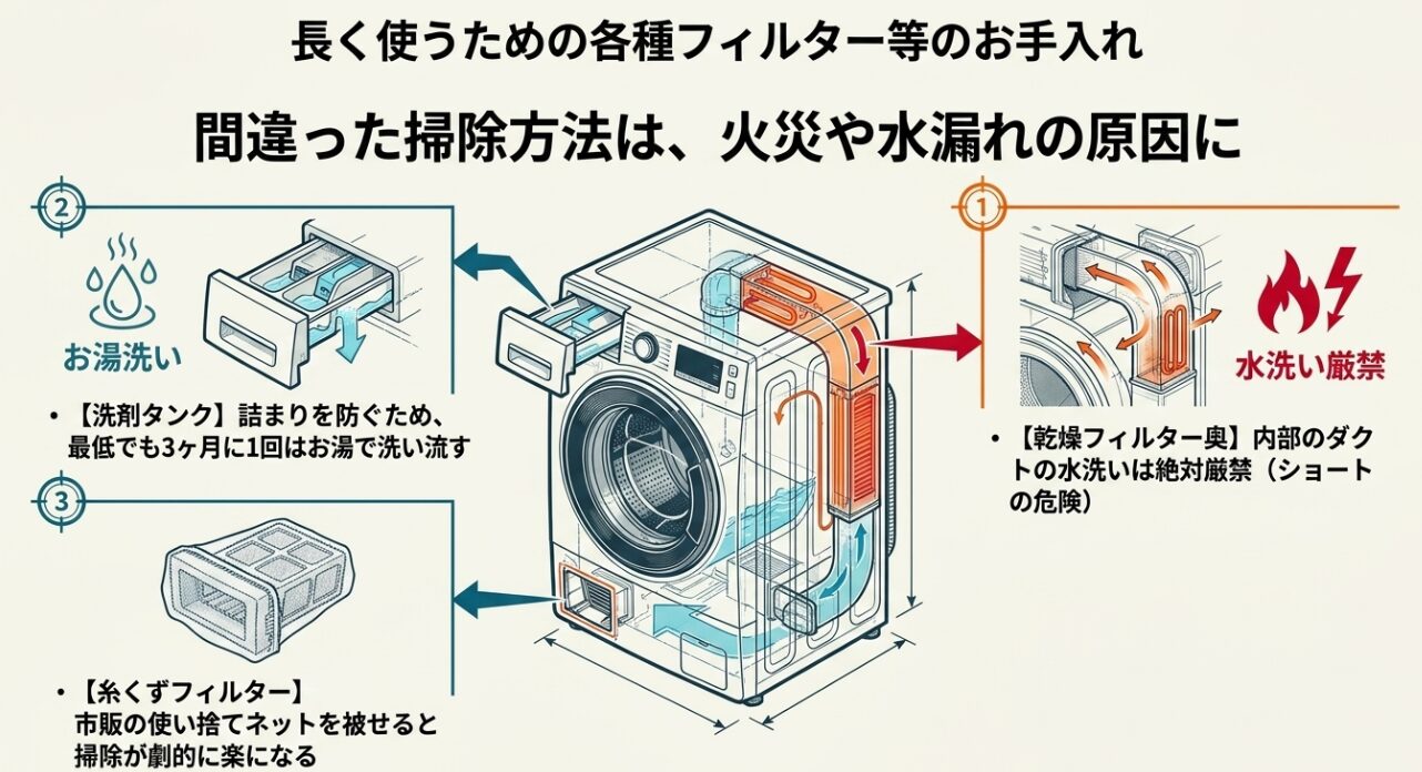 洗剤タンクのお湯洗い、乾燥フィルター奥の水洗い厳禁、糸くずフィルターへの使い捨てネット使用などのお手入れ方法を説明する図