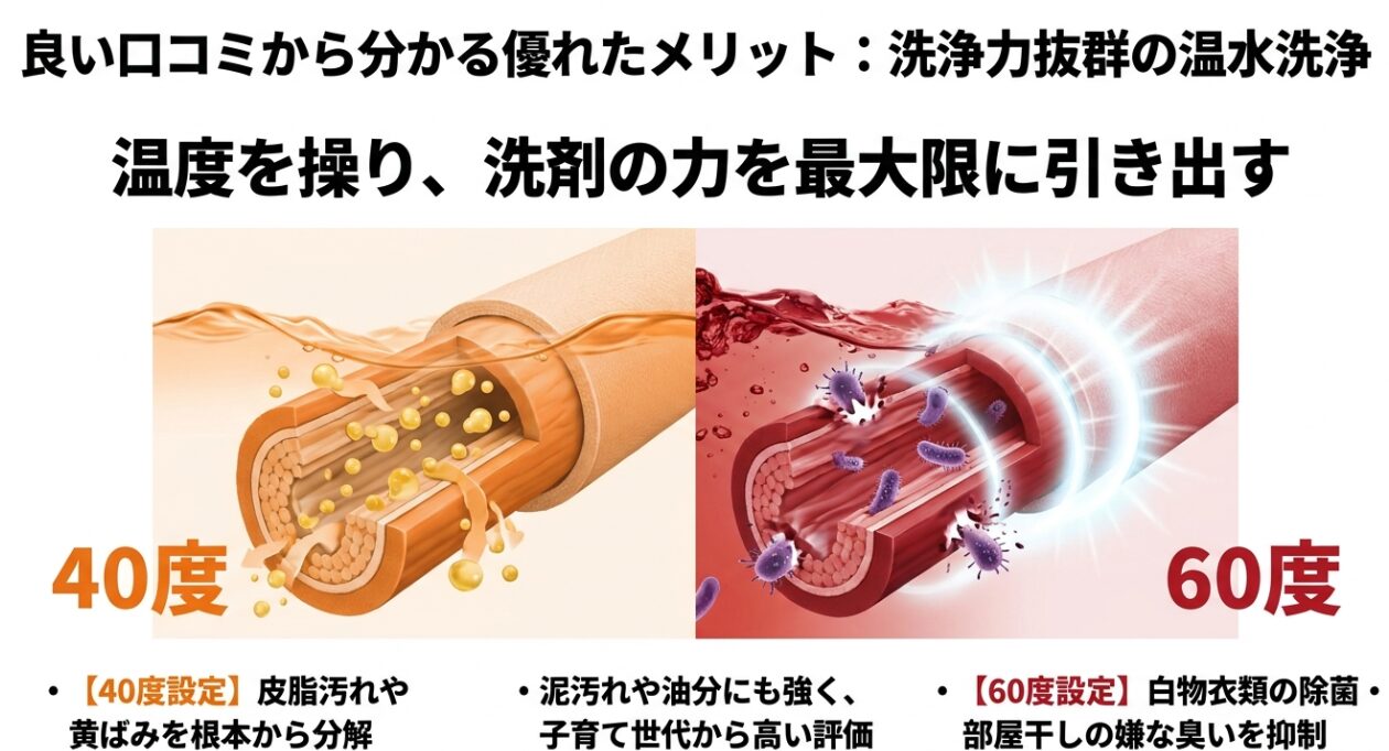 40度設定で皮脂汚れや黄ばみを根本から分解し、60度設定で白物衣類の除菌や部屋干しの嫌な臭いを抑制する効果を示した図