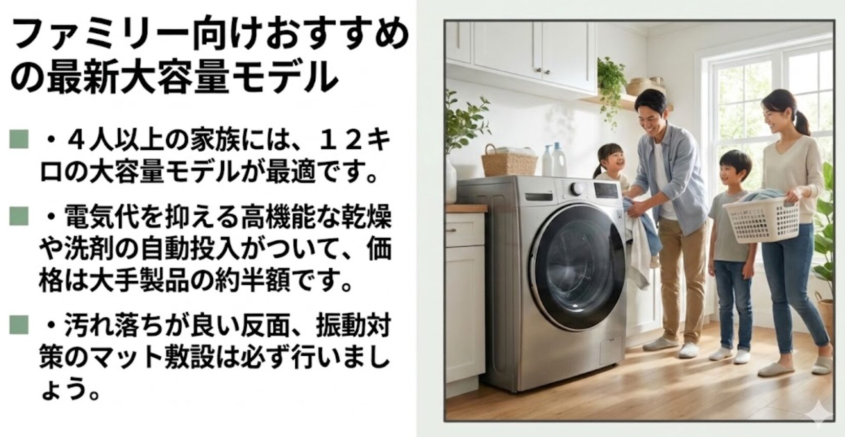 家族が洗濯物を扱う様子と12キロモデルの紹介です。ヒートポンプ乾燥や自動投入機能を備えつつ、大手製品の約半額というコストパフォーマンスの高さを説明しています。