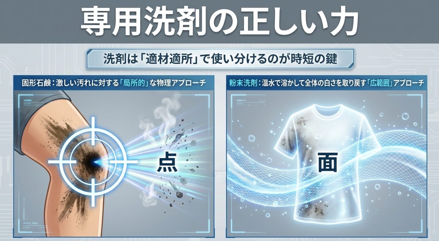 激しい汚れに対する局所的な物理アプローチである固形石鹸の「点」の力と、温水で溶かして全体の白さを取り戻す広範囲アプローチである粉末洗剤の「面」の力を比較したイラスト。