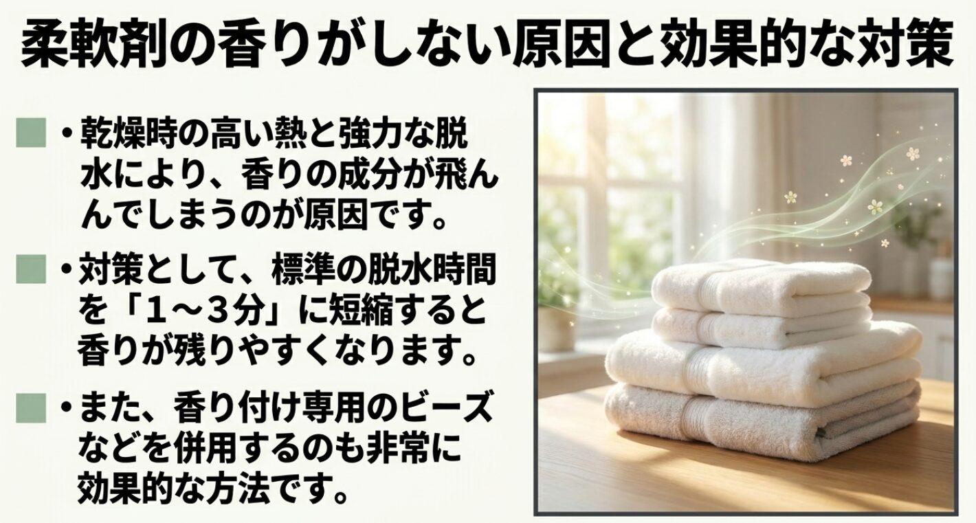清潔なタオルのイメージと香りの対策案です。乾燥機の熱で香りが飛ぶのを防ぐため、脱水時間を1から3分に短縮することや香り付けビーズの併用を提案しています。