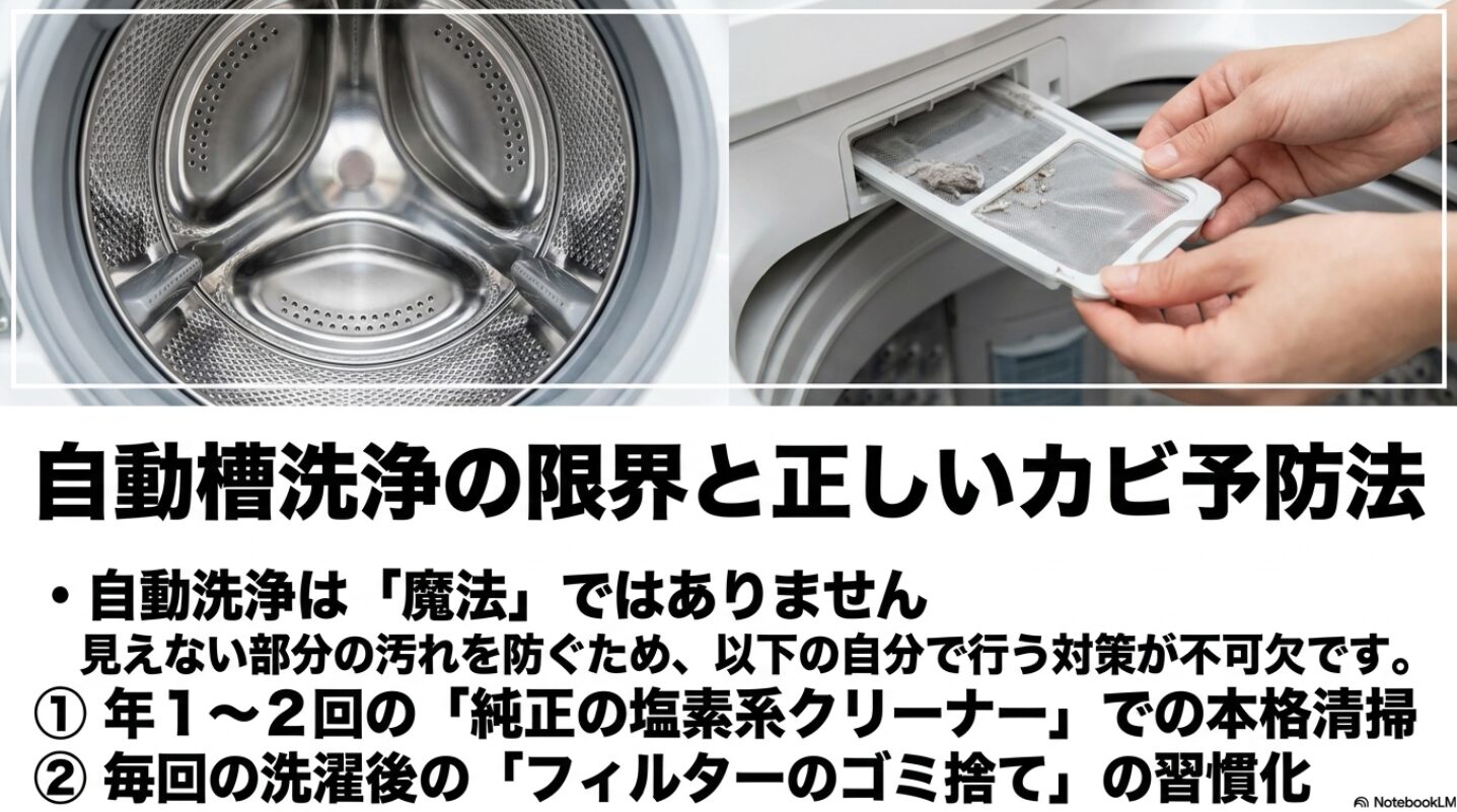 自動槽洗浄が汚れを洗い流す範囲と、年に一度の専用クリーナーによる洗浄の必要性をまとめた図です。清潔さを保つためのサイクルを解説しています。