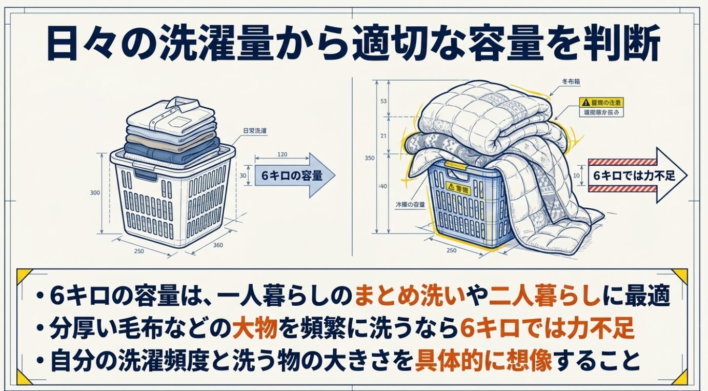 日常の衣類が綺麗に積まれた洗濯かごと、分厚い冬用の布団が溢れ出ている洗濯かごの比較イラストです 。6キロの容量は一人暮らしのまとめ洗いや二人暮らしに最適ですが、分厚い毛布などの大物を頻繁に洗うなら6キロでは力不足であるため、自分の洗濯頻度と洗う物の大きさを具体的に想像することを促しています 。