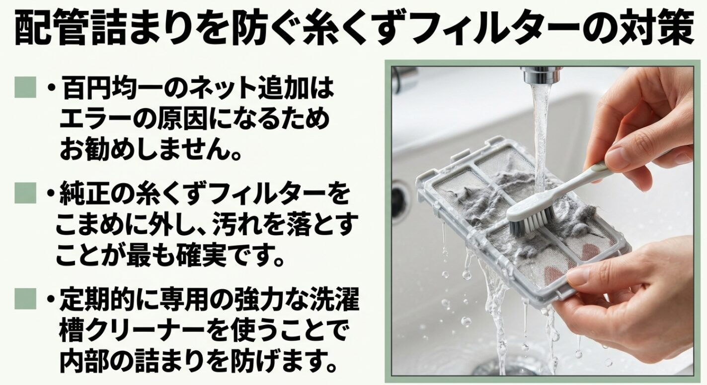 洗濯機のフィルターを歯ブラシで掃除している様子です。100円ショップのネット使用はエラーの原因になるため避け、純正フィルターの清掃や専用クリーナーでの洗浄を推奨しています。