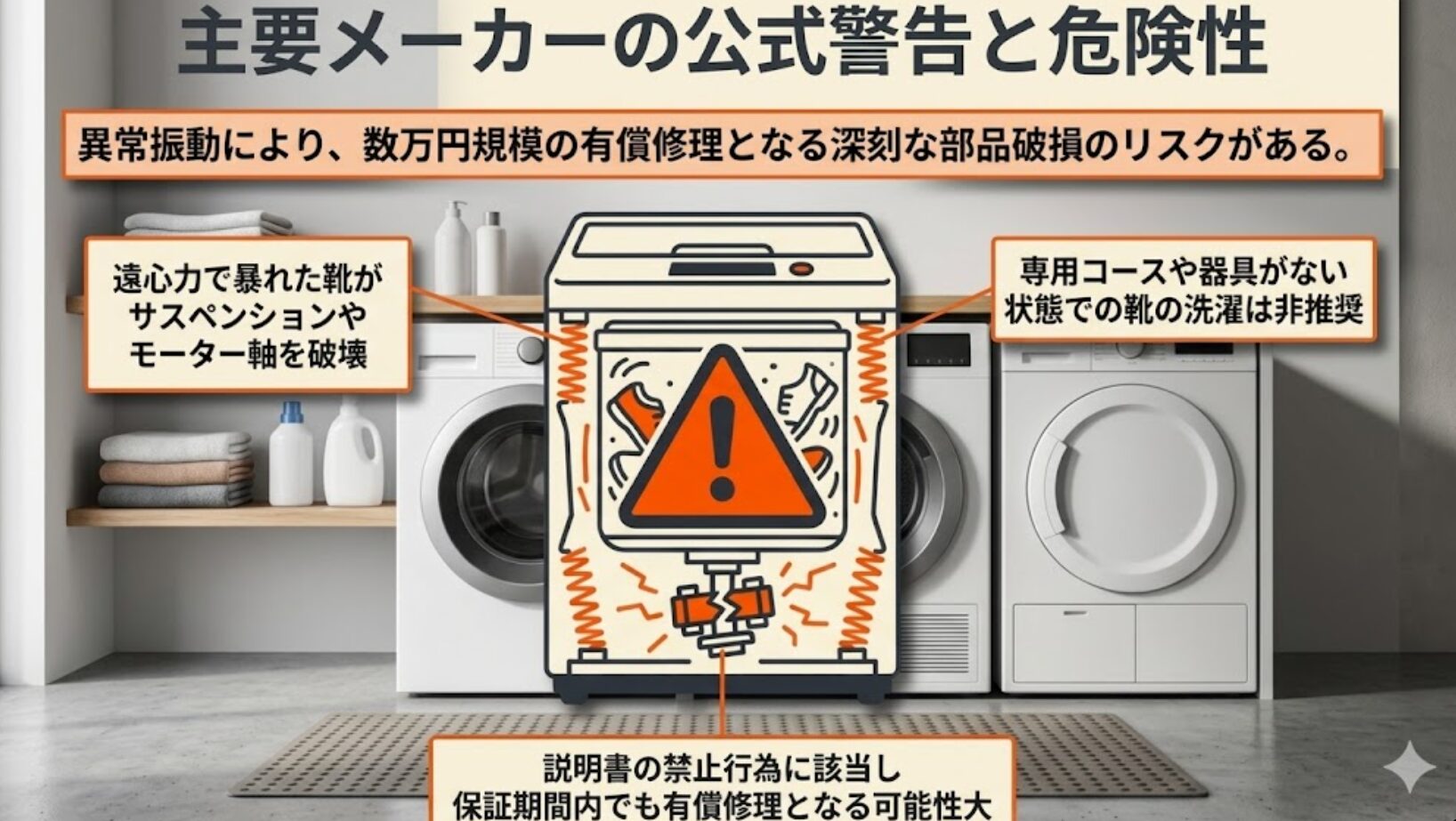 専用コースがない状態での靴の洗濯による異常振動がサスペンションやモーター軸を破壊するリスクと、有償修理の可能性を警告するイラストです。