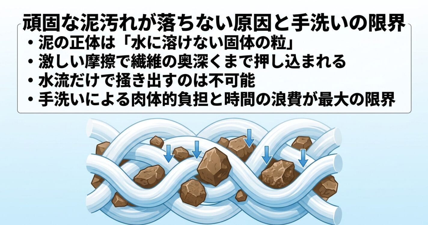 水に溶けない泥の粒が激しい摩擦で繊維の奥深くに押し込まれる原因の図解