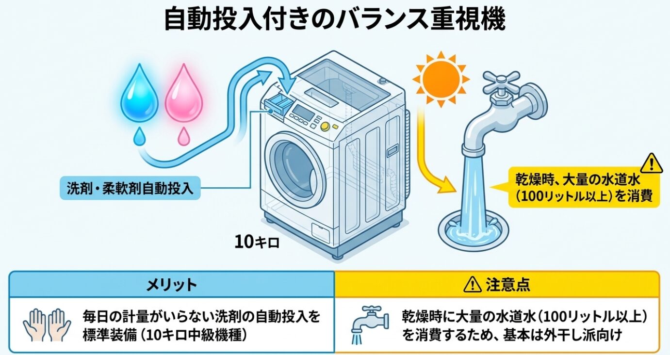 「洗剤・柔軟剤自動投入」「10キロ」と表記されており、下部に注意点として乾燥時に100リットル以上の大量の水道水を消費することが記載された製品特徴スライド 。