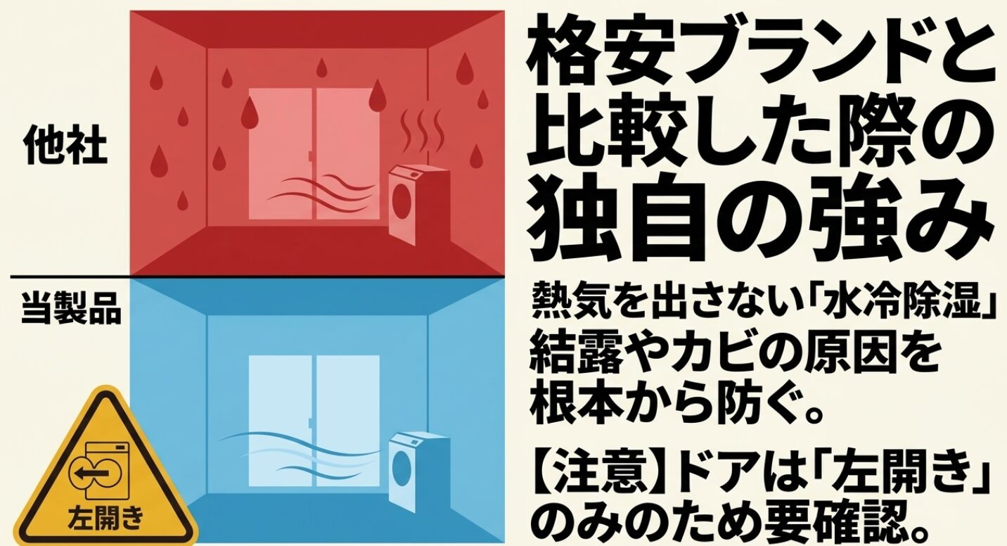 他社の排気式とニトリの水冷除湿式を比較したイラストです。ニトリは熱気や湿気を外に出さないため、部屋の結露やカビを防げる独自の強みを強調しています。