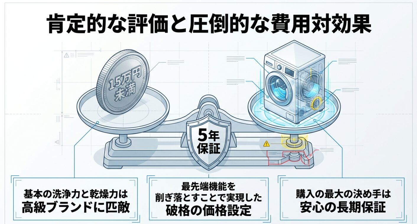 天秤の左側に「15万円未満」と書かれた大きな硬貨、右側にドラム式洗濯機が乗っており、中央に「5年保証」の盾が描かれた、価格の安さと長期保証の安心感を表現するイラストスライド 。
