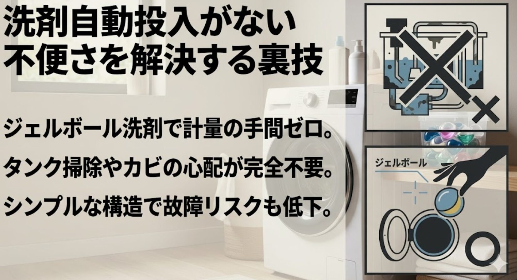 ジェルボール洗剤をドラムへ投入するイラストです。自動投入機能がなくても、ジェルボールを使えば計量の手間が省け、内部のカビ汚れも防げるメリットを伝えています。