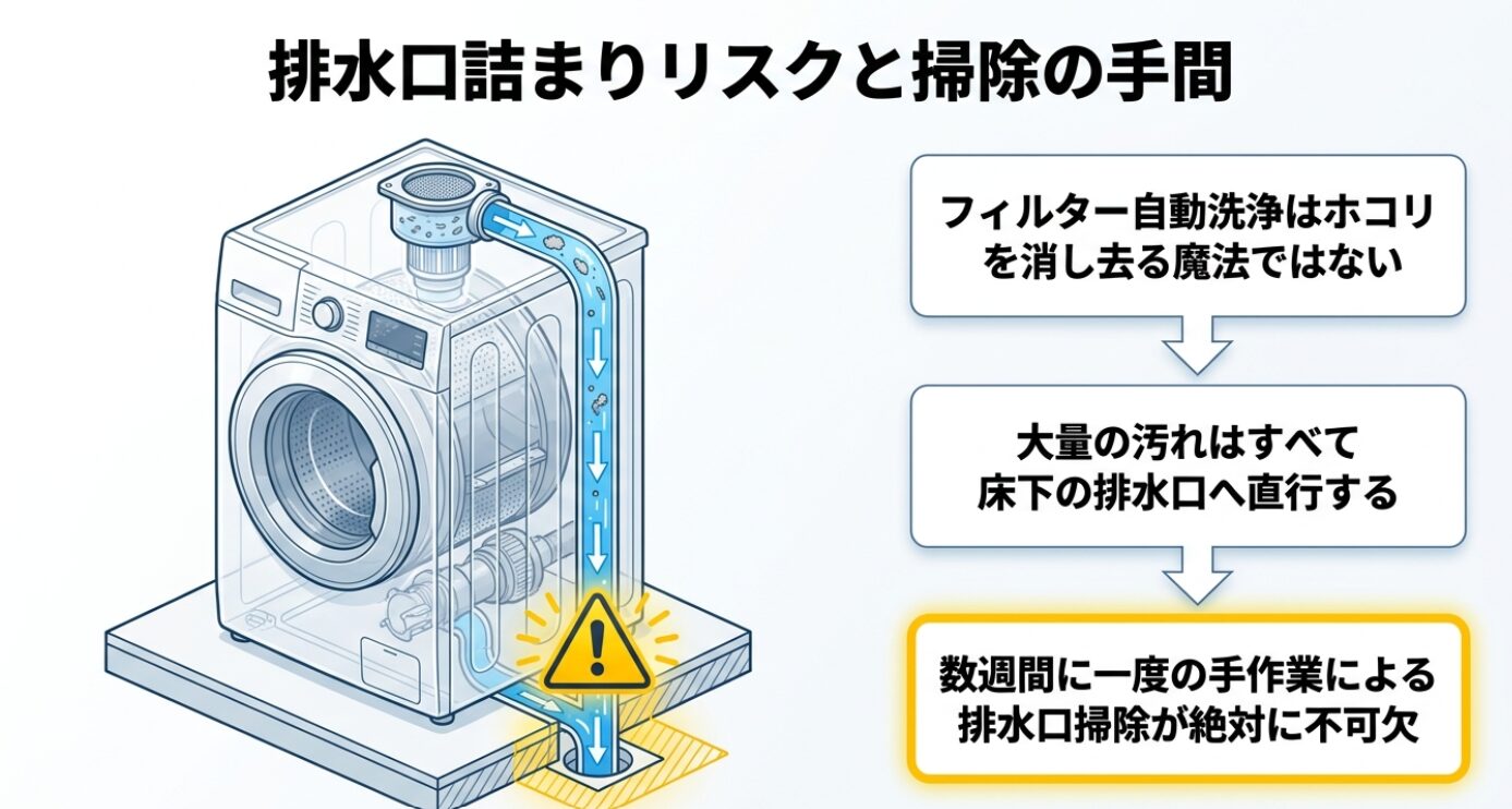 ドラム式洗濯機の内部から伸びる排水ホースを通じて、大量の汚れが床下の排水口へ直行する様子が透過図で描かれており、排水口部分に黄色い警告マークが表示されているイラストスライド 。