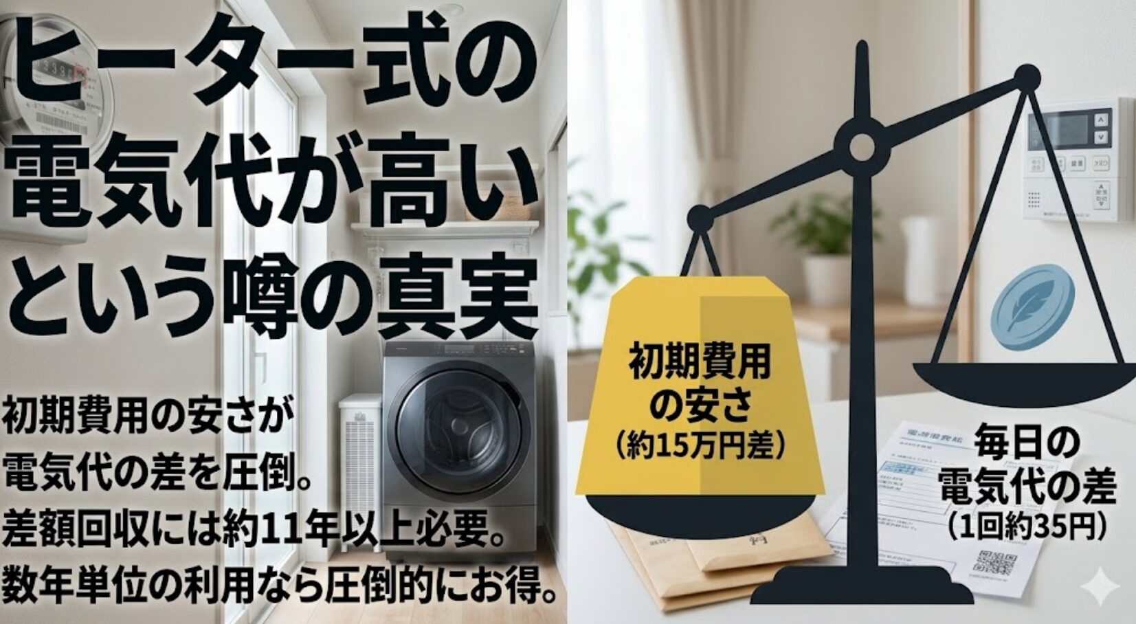 ヒーター式と大手メーカー機の初期費用を比較した図解です。15万円の価格差を電気代で回収するには11年以上かかるため、短期間の利用なら初期費用の安さが勝ることを解説しています。
