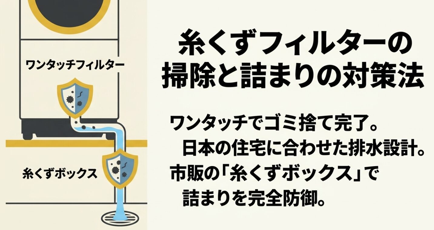 ワンタッチフィルターと市販の糸くずボックスを組み合わせた対策図です。週に一度の簡単な掃除と、後付けボックスの併用で排水トラブルを防ぐ方法を解説しています。