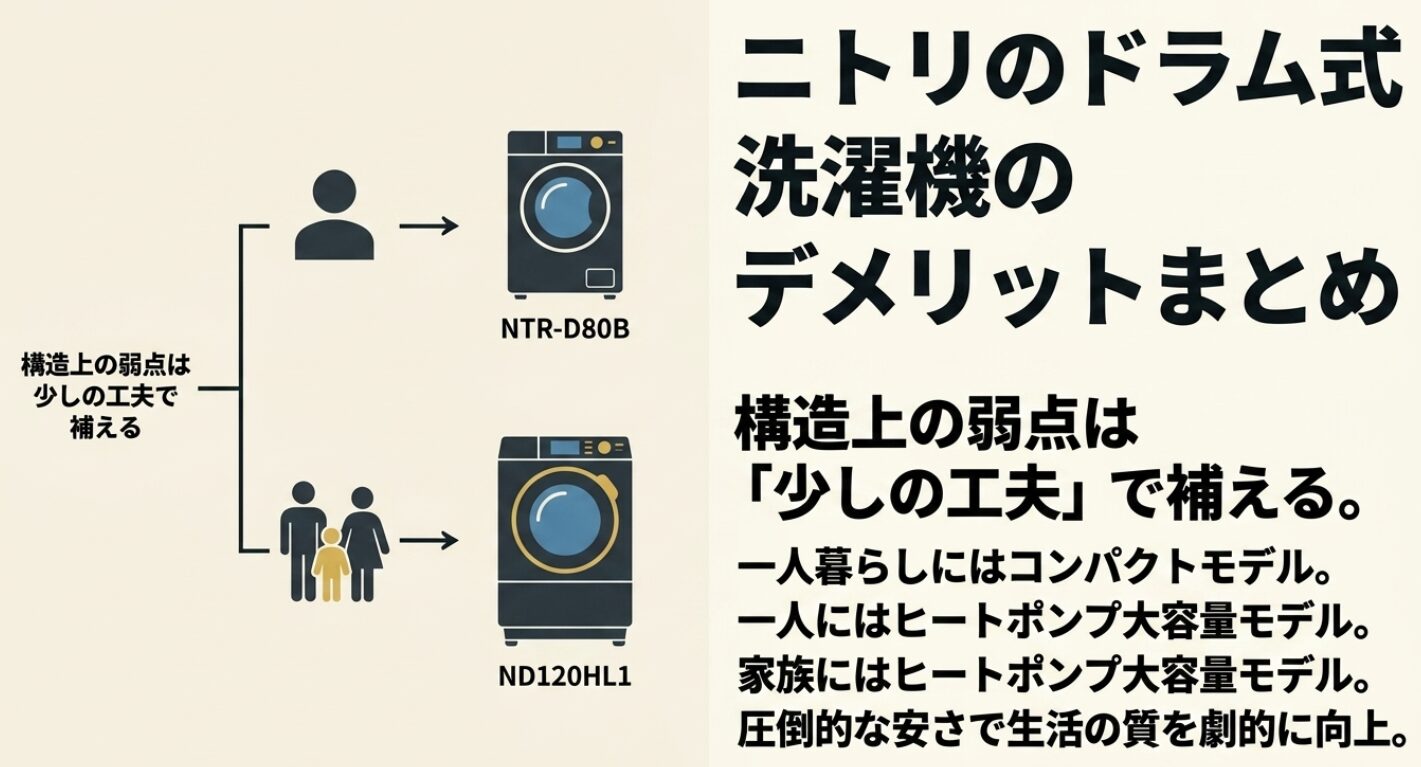 2つの推奨モデルと結論をまとめた図解です。弱点を工夫で補えば、圧倒的な安さで生活の質を劇的に向上できるという最終的な結論をまとめています。