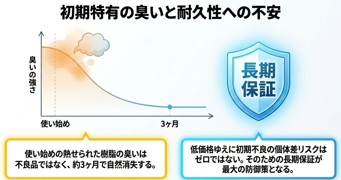 左側に使い始めから3ヶ月目にかけて「臭いの強さ」が減少していく様子を示す曲線グラフ、右側に「長期保証」と書かれた青い盾のイラストが描かれたスライド 。