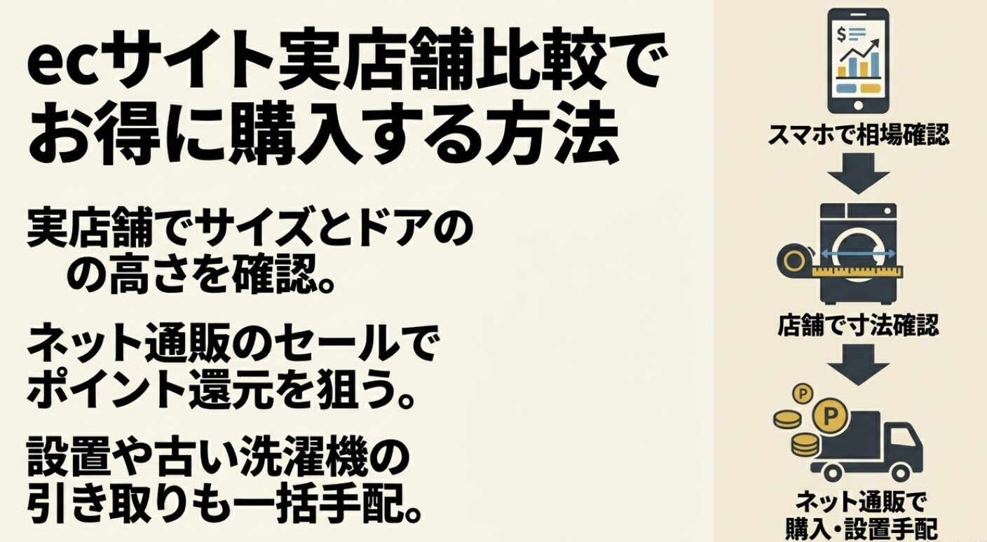 店舗での寸法確認とスマホでの購入を組み合わせた流れ図です。店舗で実機を確認し、ネットのセールやポイント還元を狙うことでお得に購入する手順を示しています。