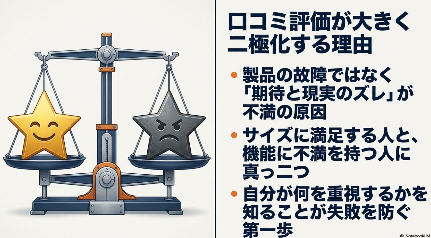 天秤の左側に笑顔の金色の星、右側に怒った黒色の星が乗っているイラストです 。製品の故障ではなく期待と現実のズレが不満の原因であり、サイズに満足する人と機能に不満を持つ人に分かれるため、自分が何を重視するかを知ることが失敗を防ぐ第一歩であると説明しています 。