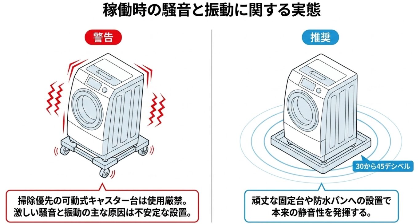 上部に「警告」と赤い文字で書かれており、可動式キャスター台に乗せられたドラム式洗濯機が激しい振動と騒音を出して揺れ動いている様子を表現したイラストスライド 。