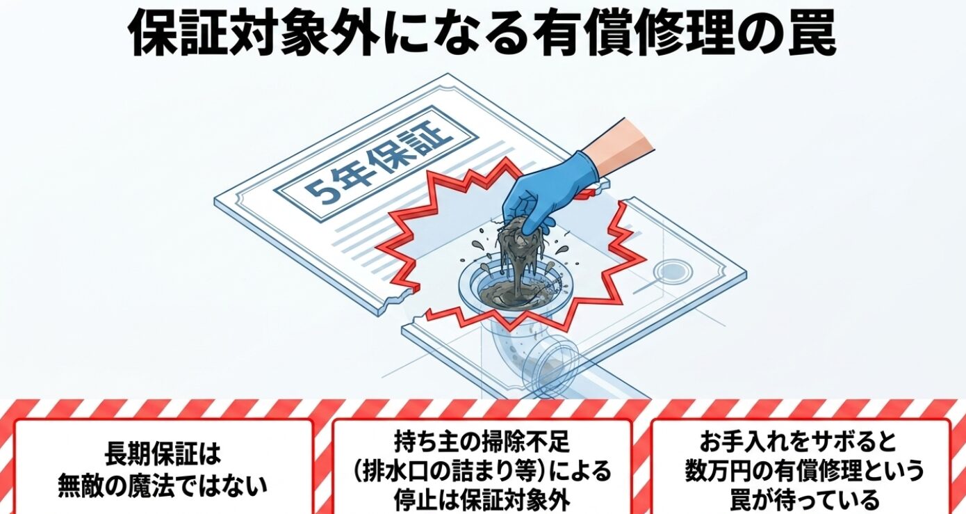 「5年保証」のマークの横に、「長期保証は無敵の魔法ではない」という文言と、持ち主の掃除不足による停止は保証対象外となり数万円の有償修理になるリスクが説明された警告スライド 。