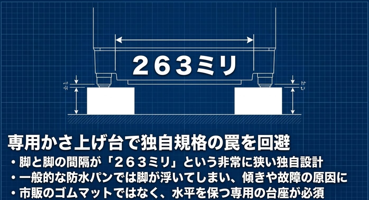 脚と脚の間隔が263ミリという非常に狭い独自設計についての解説スライドです 。一般的な防水パンでは脚が浮いてしまい、傾きや故障の原因になるため、市販のゴムマットではなく水平を保つ専用の台座が必須であることを説明しています 。