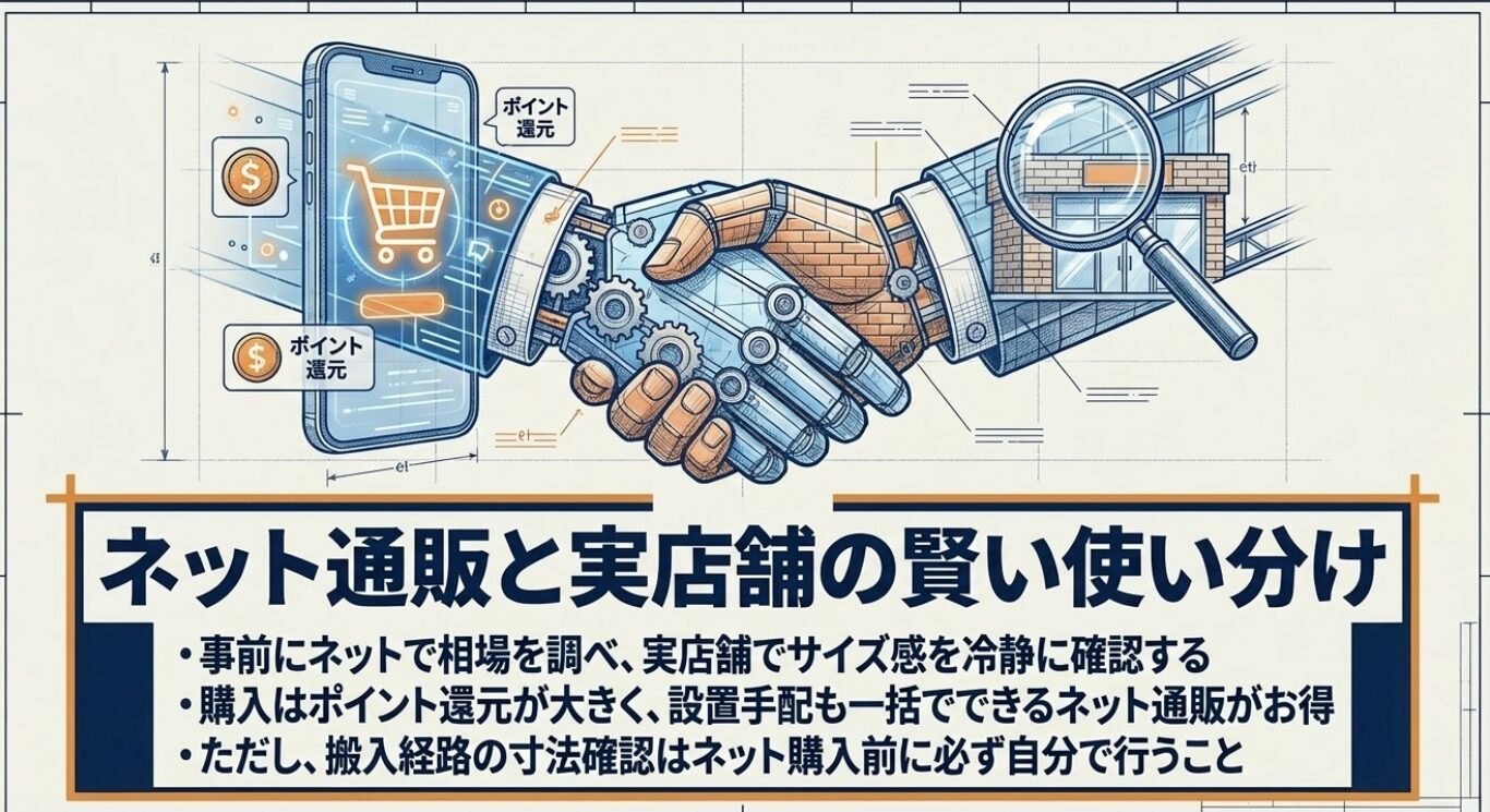 スマートフォンの画面内の買い物かごから飛び出すロボットの手と、虫眼鏡で実店舗の建物を覗き込む人の手が握手を交わしているイラストです 。事前にネットで相場を調べ、実店舗でサイズ感を冷静に確認すること、購入はポイント還元が大きく設置手配も一括でできるネット通販がお得であること、ただし搬入経路の寸法確認はネット購入前に必ず自分で行うことを説明しています 。