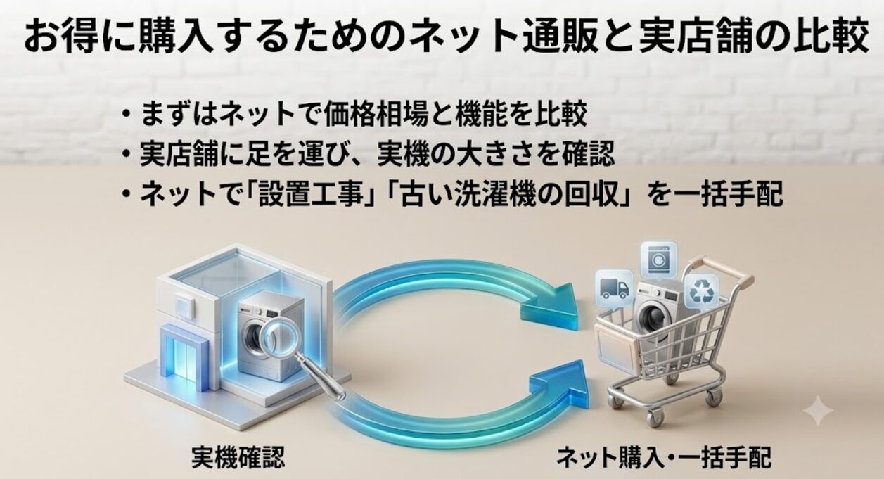 お得に購入するためのネット通販と実店舗の比較。まずはネットで価格相場と機能を比較、実店舗に足を運び実機の大きさを確認、ネットで設置工事古い洗濯機の回収を一括手配というテキストが記載されたスライド画像。