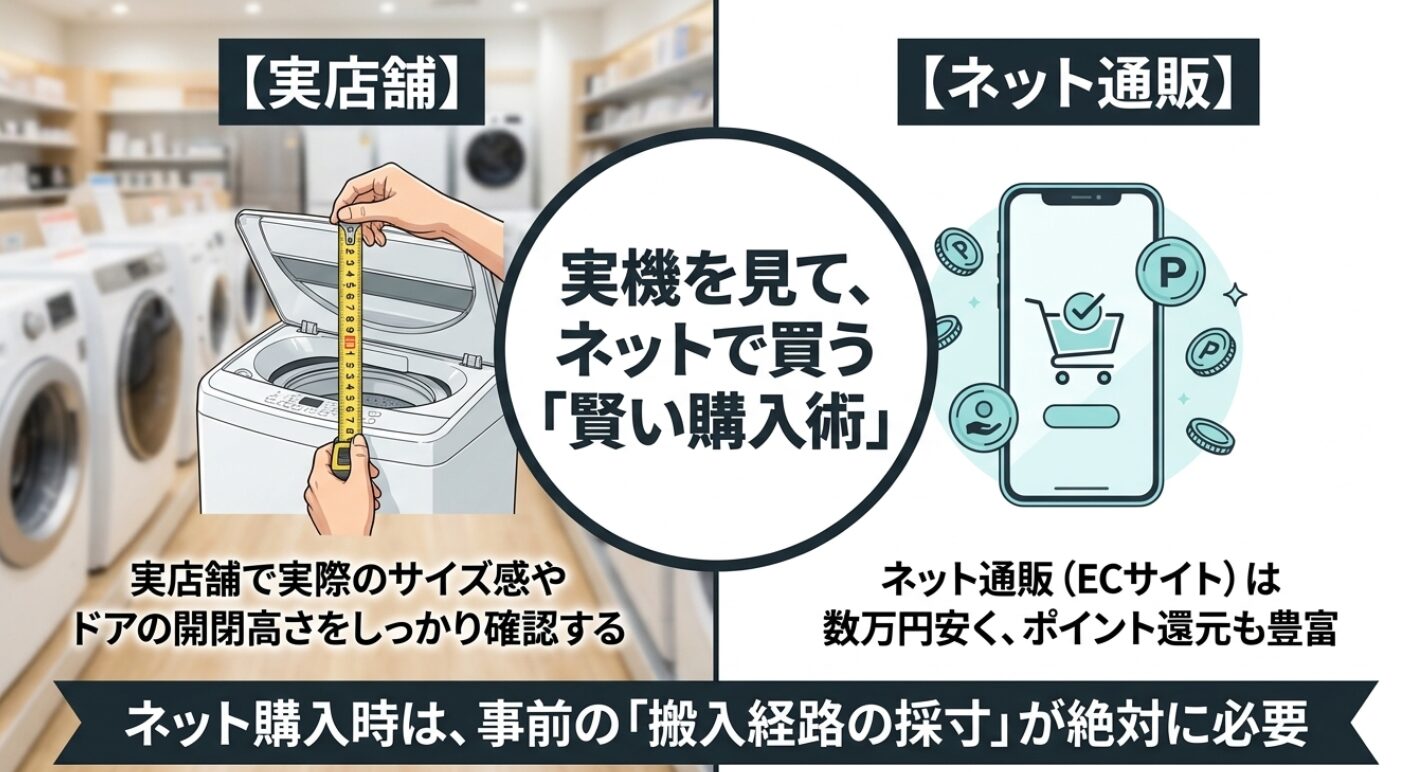 実店舗とネット通販を組み合わせた賢い購入術。実機でのサイズ確認の重要性と、安価でポイント還元も豊富なECサイト利用のポイントをまとめています