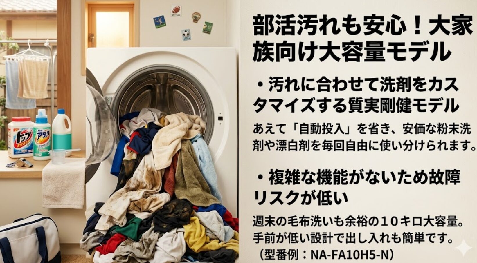 10キログラムの大容量モデル「NA-FA10H5-N」の解説スライドです。まとめ洗いの効率性や、粉末洗剤・漂白剤を自由に使い分けられる手動投入のメリットを紹介しています。