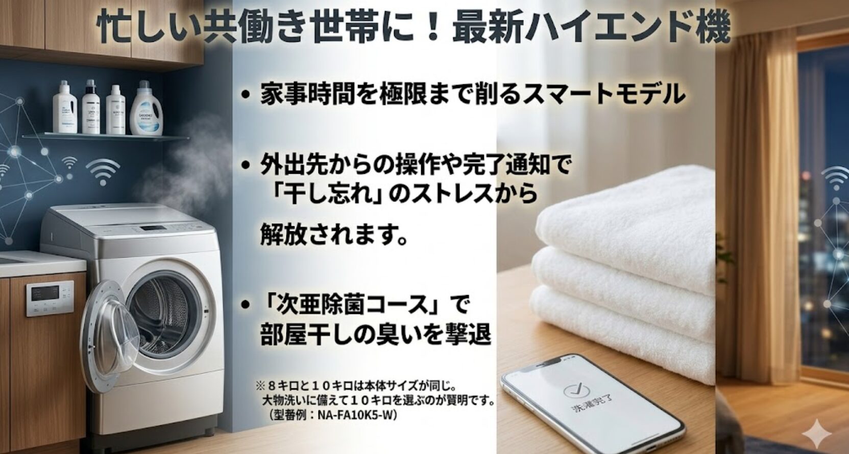 外出先からの予約操作や終了通知など、スマートフォンと連携した便利機能の紹介画面です。スマート家電としての活用方法を示しています。