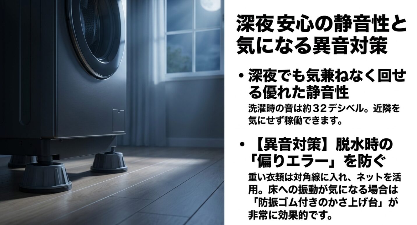 洗濯時約32デシベル、脱水時約39デシベルという運転音の大きさを日常生活の音と比較したグラフです。深夜の利用も可能であることを示しています。