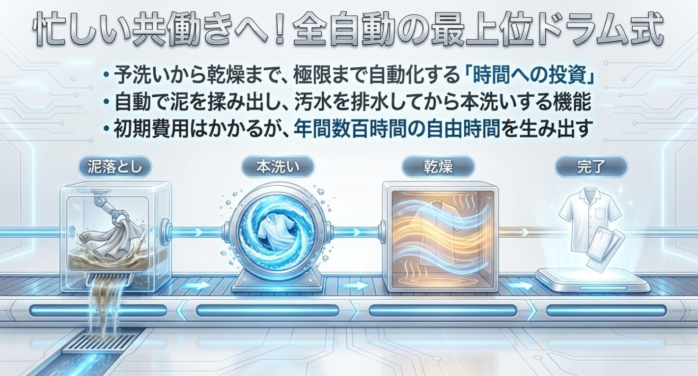 予洗いから乾燥まで極限まで自動化する時間への投資であり、自動で泥を揉み出し汚水を排水してから本洗いする機能によって、初期費用はかかるが年間数百時間の自由時間を生み出すプロセス(泥落とし、本洗い、乾燥、完了)の図。
