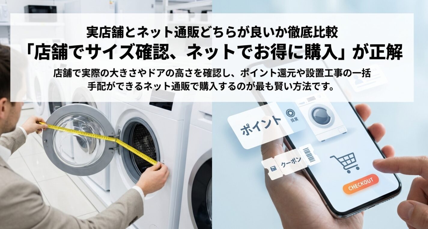 店舗でサイズを確認し、ポイント還元のあるネットでお得に購入する「賢い買い方」を推奨するスライド。