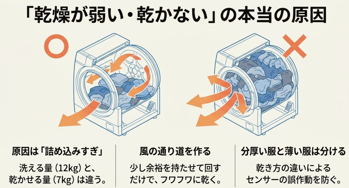 乾燥が不十分になる主な原因が詰め込みすぎにあることを示し、風の通り道を作ることや厚手の服を分けてセンサーの誤作動を防ぐ重要性を説明した画像です。