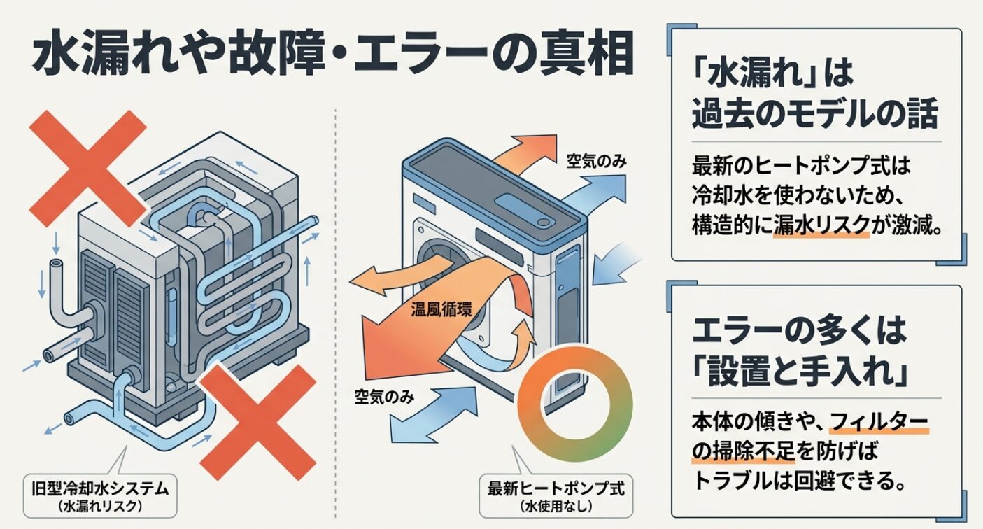 旧型の冷却水システムと最新ヒートポンプ式の構造を比較し、漏水リスクが激減したことや、設置不備がエラーの原因であることを解説するスライド資料です。