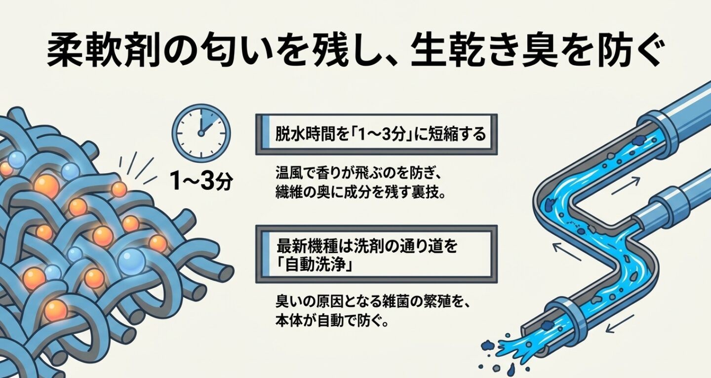 脱水時間を1から3分に短縮して柔軟剤の香りを残す裏技と、最新機種に搭載された洗剤経路の自動洗浄機能による生乾き臭対策を紹介するスライド資料です。