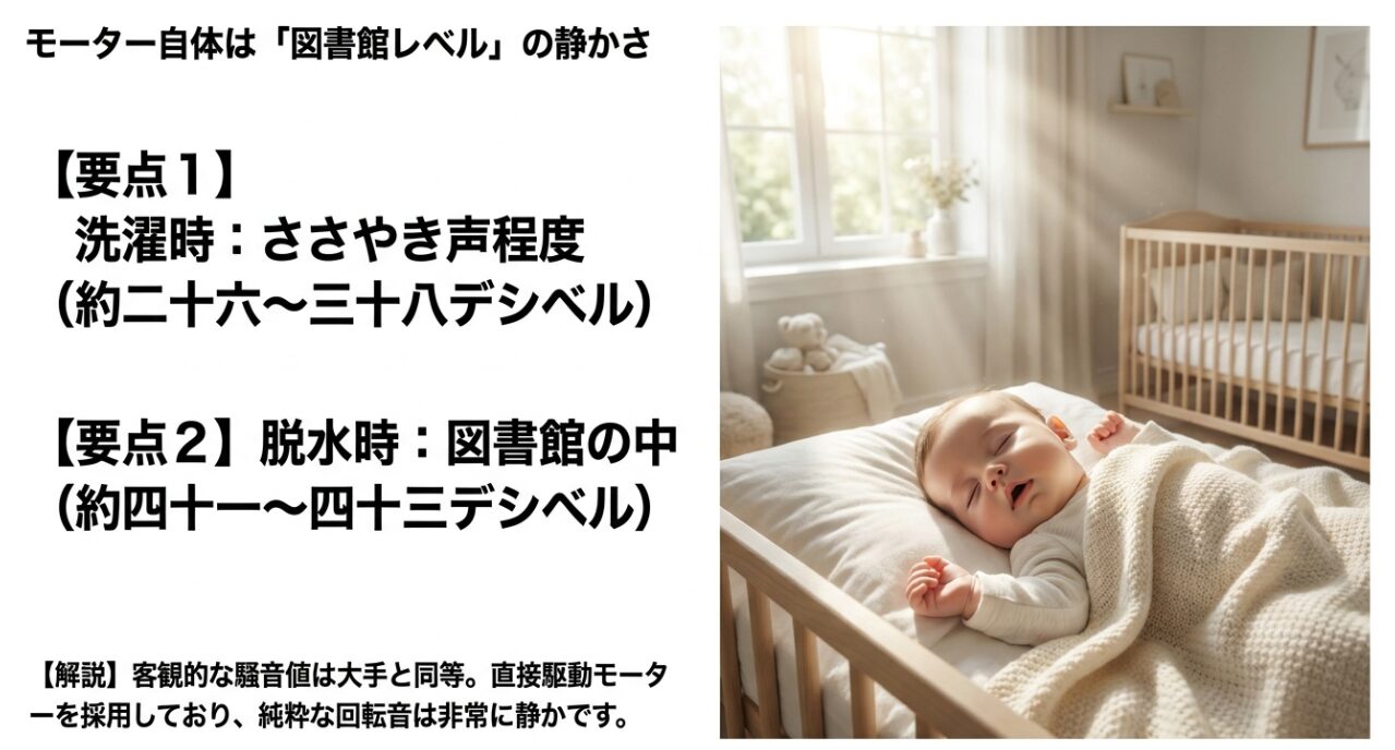 洗濯時はささやき声程度（約26〜38デシベル）、脱水時は図書館の中（約41〜43デシベル）であり、客観的な騒音値は大手と同等であることを示す解説図