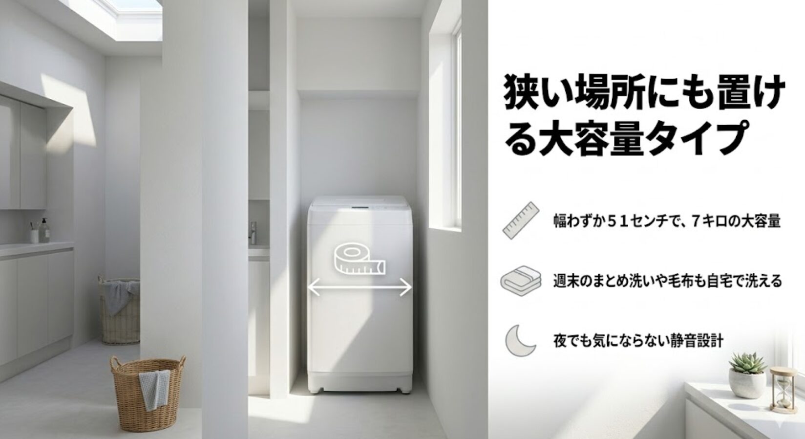 幅わずか51センチで7キロの大容量を持ち週末のまとめ洗いや毛布も洗える静音設計の画像