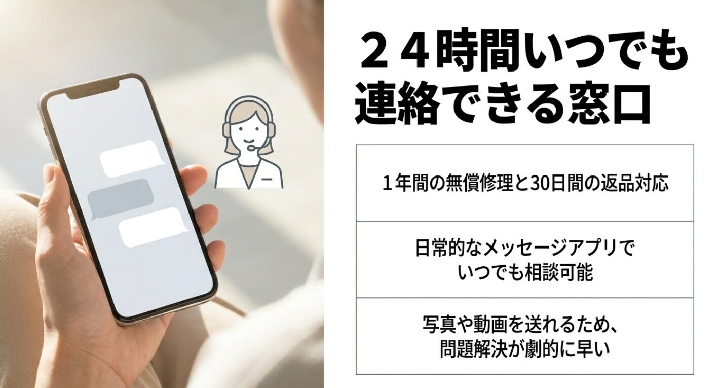 1年間の無償修理と30日間の返品対応があり日常的なメッセージアプリで相談できるサポート体制の画像