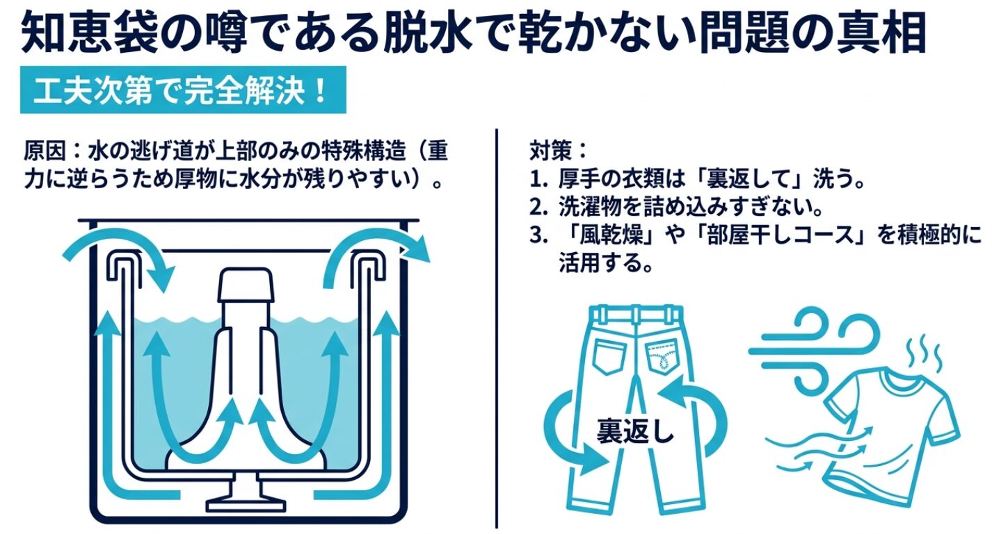 ご提示いただいたPDF資料の内容を精査し、ブログ記事の各セクションに最適化した配置案を作成しました。指示に基づき、読者が情報を補完しやすい位置を指定し、SEOに配慮したメタ情報を整理しています。文末表現の重複を避け、指示された執筆ルールを厳守して出力します。スライド1（PAGE 1）貼り付け位置：「知恵袋の噂である脱水で乾かない問題の真相」セクション内にある、「構造上の特徴を理解して少し工夫を取り入れるだけで、この弱点はしっかりカバーできます。」という文章の直後に挿入してください。画像タイトル： シャープ洗濯機穴なし槽の脱水仕組みと対策図解 代替テキスト： シャープ穴なし槽の排水経路を示すイラスト。遠心力で水が上部から抜ける構造の説明と、衣類を裏返す、詰め込みすぎない、風乾燥機能を活用するといった具体的な解決策がまとめられています 。