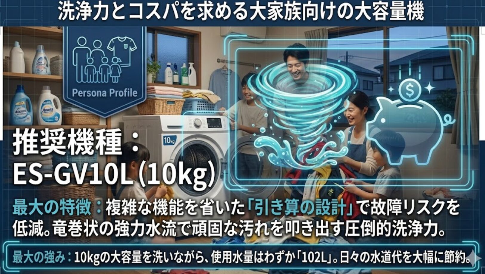 10kgモデルES-GV10Lの解説。複雑な機能を省いた故障リスクの低い設計と、強力な竜巻状の水流による洗浄力、102Lという優れた節水性能が強調されています 。
